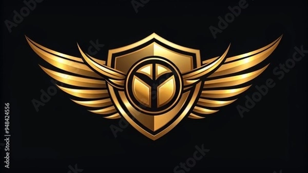 Obraz Golden shield emblem with bold typography and stylized wings, surrounded by a circle, representing speed, strength, and unity for a dynamic sports club brand identity.