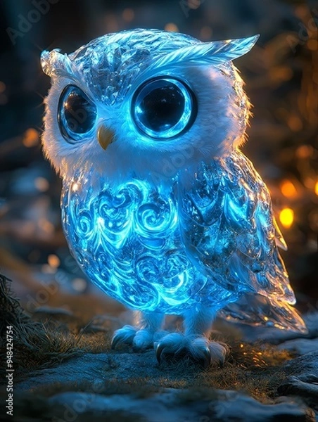 Fototapeta A cute, cartoon-style owl with large, blue eyes and a frosted, glowing blue body, standing on a branch in a dark, forested setting.