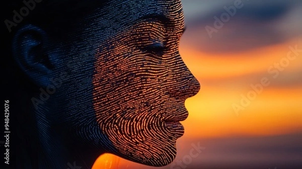 Fototapeta Close-up profile of a woman's face with a digital pattern overlay against a sunset backdrop.