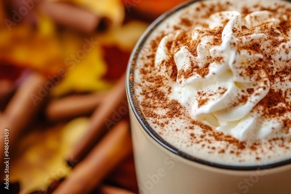 Fototapeta Close-up of a pumpkin spice latte with whipped cream and cinnamon, perfect for fall.