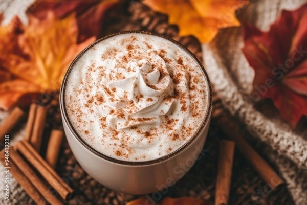 Obraz Close-up of a pumpkin spice latte with whipped cream and cinnamon, perfect for fall.
