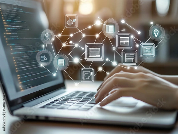 Fototapeta Engaging with AI tools, showing tech-driven future and digital innovation in action.