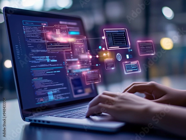 Fototapeta Person using AI tools for digital interaction, highlighting tech innovation and AI integration.