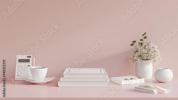 Fototapeta Minimalist Pink Desk with Modern Accessories