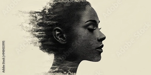 Fototapeta A black and white portrait of a woman's face dissolving into a pixelated haze, with her eyes closed, creating a dreamy and ethereal effect.