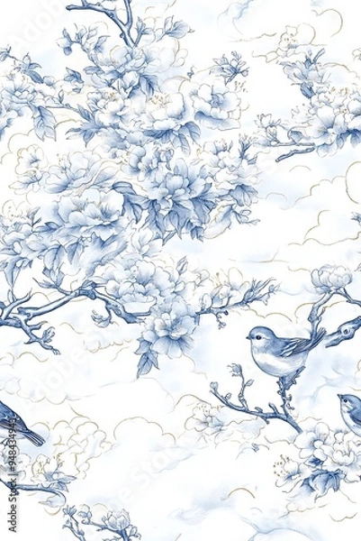 Fototapeta A seamless pattern with blue birds perched on delicate branches adorned with white blossoms, set against a background of gold clouds.