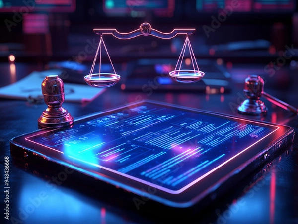 Fototapeta Compliance concept with a holographic screen displaying virtual data and security elements.