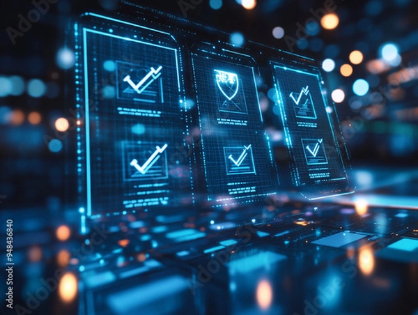 Fototapeta Holographic screen showing digital compliance and security features in a high-tech business setting.