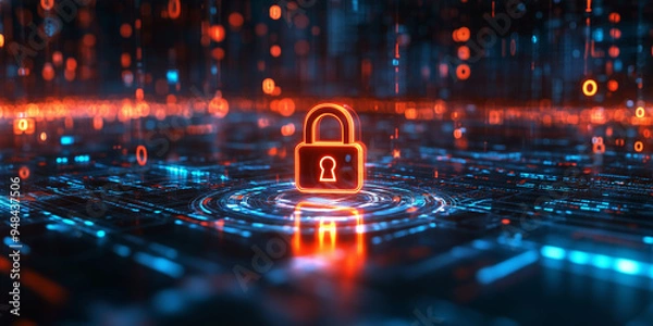 Fototapeta Glowing screen concept for cybersecurity with dynamic security visuals and data elements.