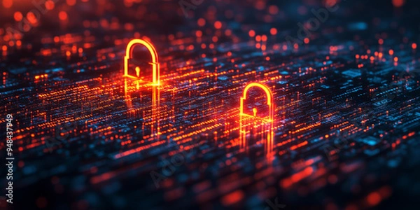 Fototapeta High-tech glowing screen with dynamic visuals focused on cybersecurity and data protection.