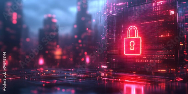 Fototapeta Glowing screen highlighting cybersecurity with interactive elements and modern visual effects.