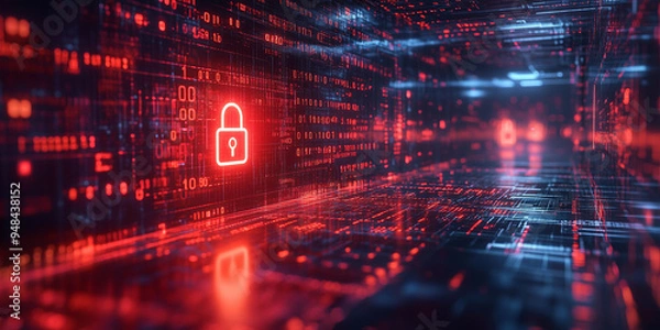 Obraz Glowing screen showcasing cybersecurity concepts with advanced visual effects and data security.