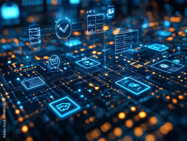 Fototapeta Virtual screen with holographic elements highlighting data protection and digital security.