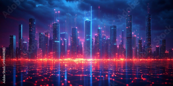 Fototapeta AI-driven holographic map displaying smart city data and virtual elements.