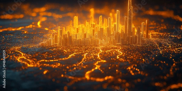 Obraz Holographic map of a smart city with AI analyzing data and virtual elements.