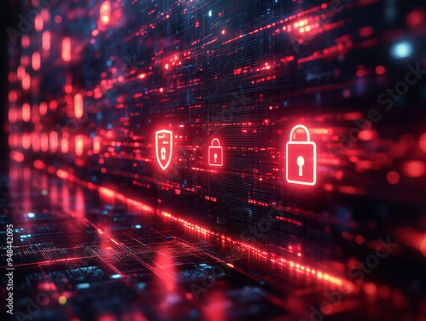 Fototapeta Digital screen showcasing internet security features with modern and interactive elements.