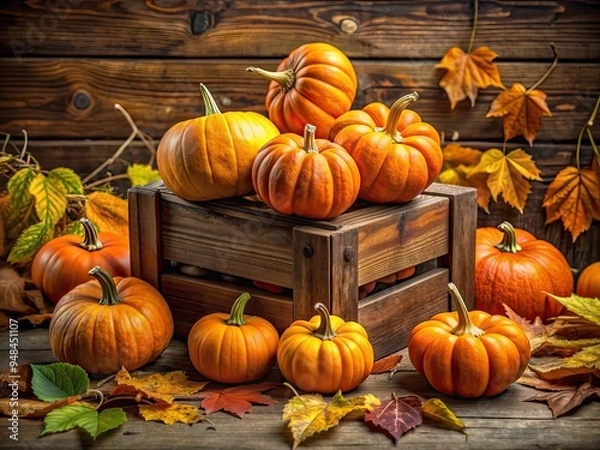 Fototapeta Freshly harvested orange pumpkins of various sizes overflow from a rustic wooden box, surrounded by dry leaves and vines, evoking a cozy autumn atmosphere.