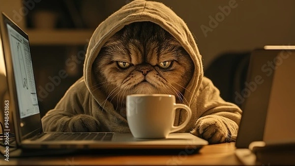 Fototapeta A grumpy-looking cat wearing a hoodie sits at a desk with a laptop and a cup of coffee.