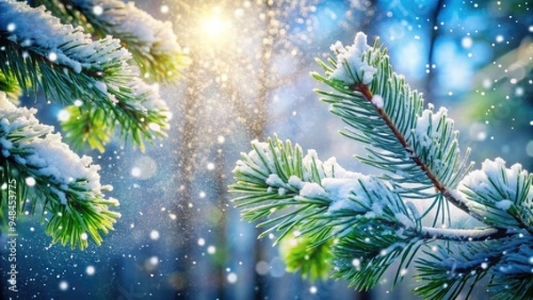 Fototapeta Fresh snowflakes gently fall on lush green pine needles and frosty winter branches, creating a serene and peaceful winter wonderland scene in the forest.