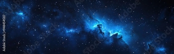 Fototapeta Dark interstellar space depicted in a 3D cartoon rendering showcasing a 2D illustration of stars within a deep space environment and a blue cold nebula against a dark night sky