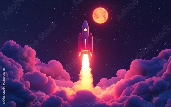 Fototapeta Cartoon rendering in 3D of a new space rocket launching into the sky with smoke and clouds accompanied by a full moon Space mission liftoff concept