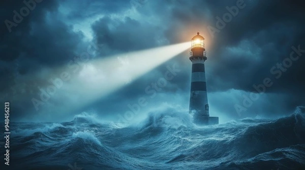 Obraz A dramatic lighthouse illuminates stormy seas, guiding ships safely through turbulent waters under a dark, cloudy sky.