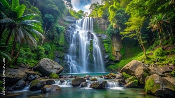 Fototapeta Majestic La Mina Falls cascades down lush green rocks in El Yunque National Forest, Puerto Rico, surrounded by vibrant tropical foliage and misty atmosphere.