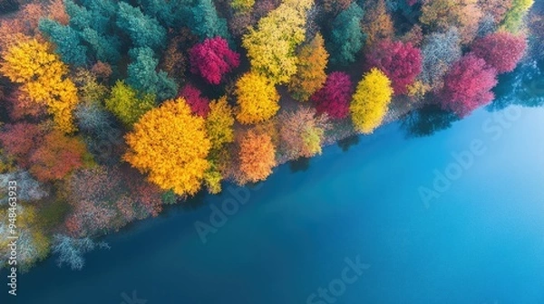 Fototapeta Beautiful trees in various colors on riverbanks, captured from above, creating a picturesque and serene landscape