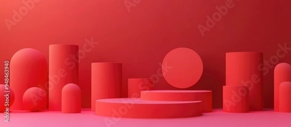 Fototapeta Abstract minimal red geometric shape background display mockup for podium presentation 3D rendering