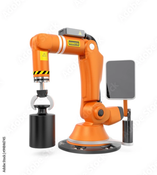 Fototapeta Orange robotic arm with touch panel screen. User can setting task schedule by this smart system. Original design.