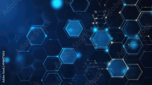 Fototapeta Vector-based technology background with interconnected hexagons, glowing digital patterns, and a modern blue color scheme