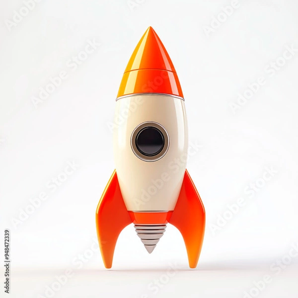 Fototapeta 3D design of rocket isolated over white background. Business startup and growth concept. Toy for kids without background.