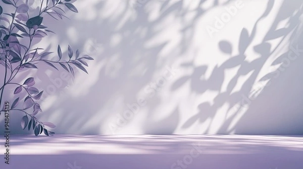 Obraz Wall interior with white and purple backdrop, featuring delicate leaf shadows for a serene studio setting.
