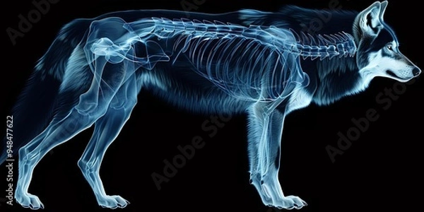 Fototapeta X-ray image of a wolf with its skeletal structure visible.