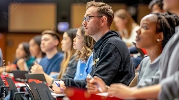 Fototapeta College students in a lecture hall, taking notes attentively while a professor stands at a podium