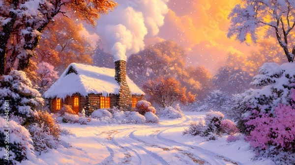 Fototapeta Cozy stone cottage in a snowy forest with glowing windows and smoke rising from the chimney at sunset