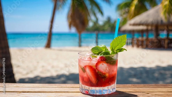 Obraz Fresh cold strawberry mojito cocktail glass in a wooden table with beach landscape.