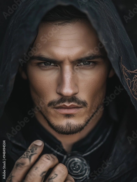 Fototapeta close up of the man in the black hood - generative ai