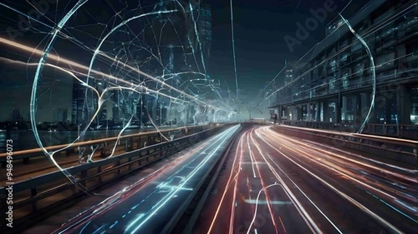 Fototapeta Futuristic Highway with Digital Overlay and Light Trails at Night - Generated AI