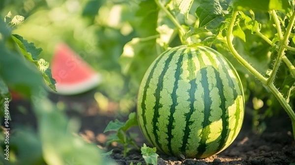 Fototapeta 69. **A close-up of a ripe watermelon on the vine in a garden.