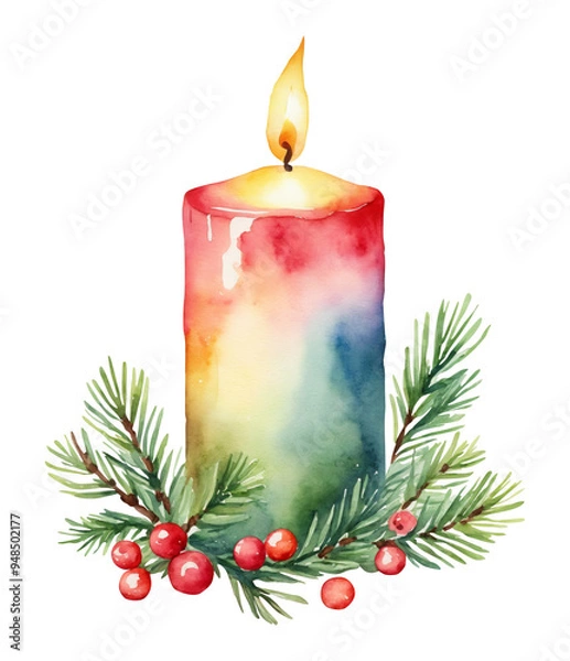 Obraz Watercolor Christmas candle with holly leaves and christmas tree branches isolated on transparent background. New Year festive decoration for poster, textile, greeting card, flyer, postcard.