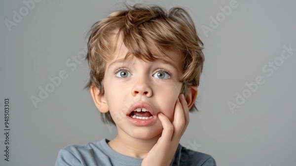 Fototapeta little boy presses hand to cheek, suffers from pain in tooth isolated on gray studio background. Teeth decay, dental problems, child emotions and facial expression