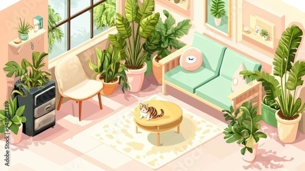 Fototapeta Charming isometric interior with kawaii aesthetics. Features pastel-colored walls, a cat, simple furniture, and lush plants for a cozy feel.
