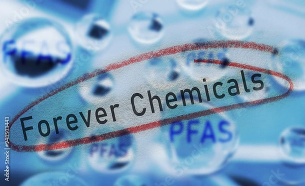 Obraz Water drops with PFAS text and Forever Chemicals circled in red -- water contamination concept