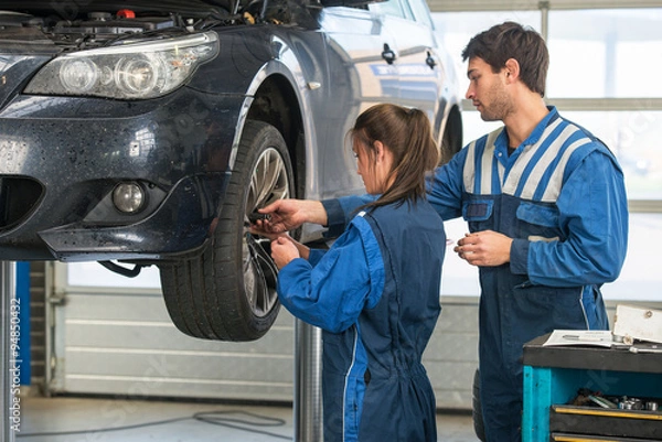 Obraz Mechanic teaching an intern in a garage