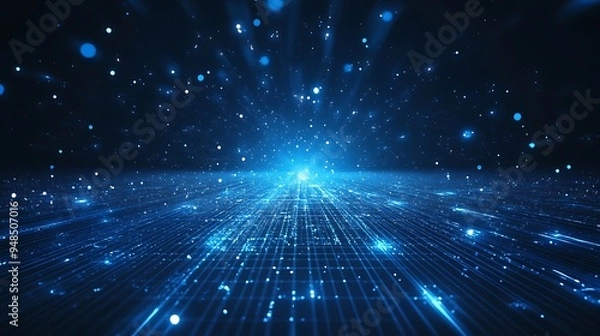 Obraz Abstract digital blue data space background with glowing light points and lines, representing technology and future innovation.