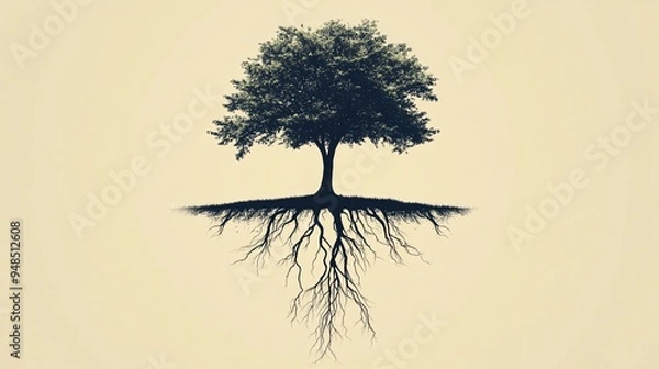 Fototapeta A minimalist illustration of a single tree with deep roots symbolizing sustainability