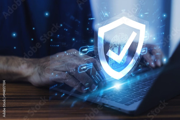 Fototapeta Man working on a laptop with advanced cyber security shield, ensuring the protection of sensitive data and securing the digital environment against potential threats.