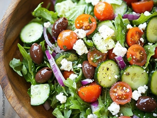 Fototapeta Mediterranean salad with greens, olives, cucumber, and feta in a wooden bowl, top-down shot with bright natural light