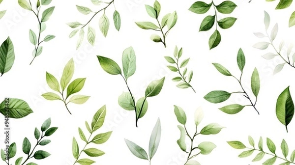 Fototapeta Watercolor green leaves clipart set, various types of leaves and branches, seamless pattern on white background, vector illustration, high resolution, detailed